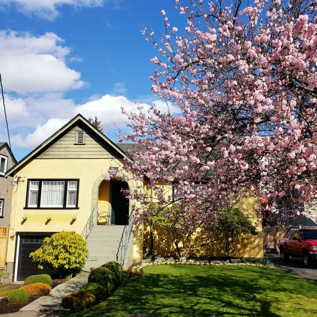 Una casa amarilla con flores rosas al frente
