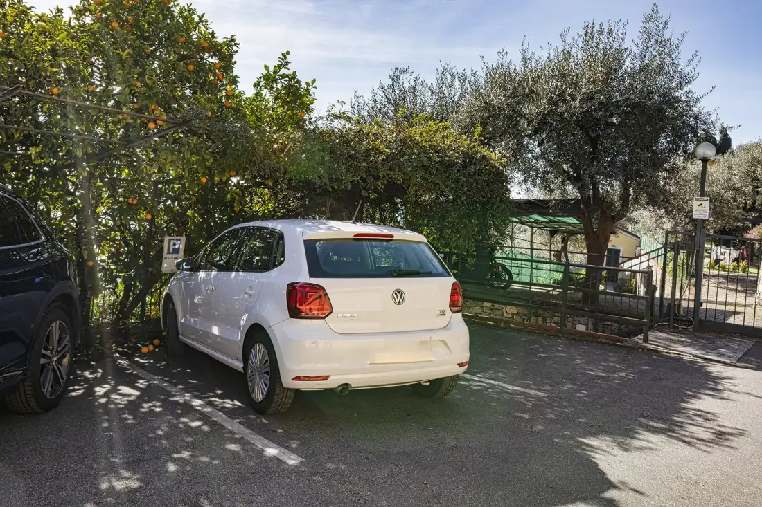 A white car is parked beneath trees in a paved parking area.