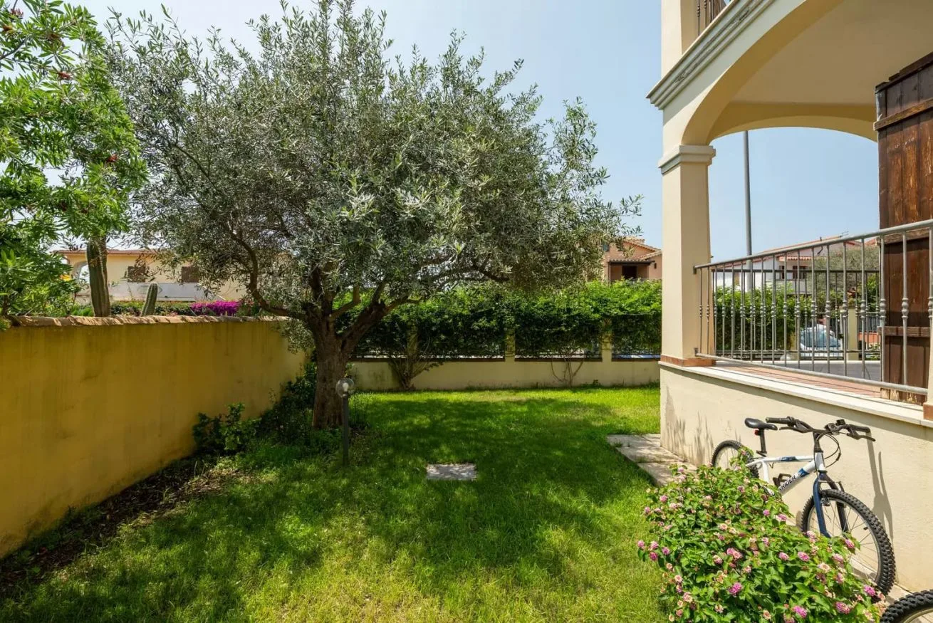 Un jardín con césped y un árbol grande junto a un patio cubierto.