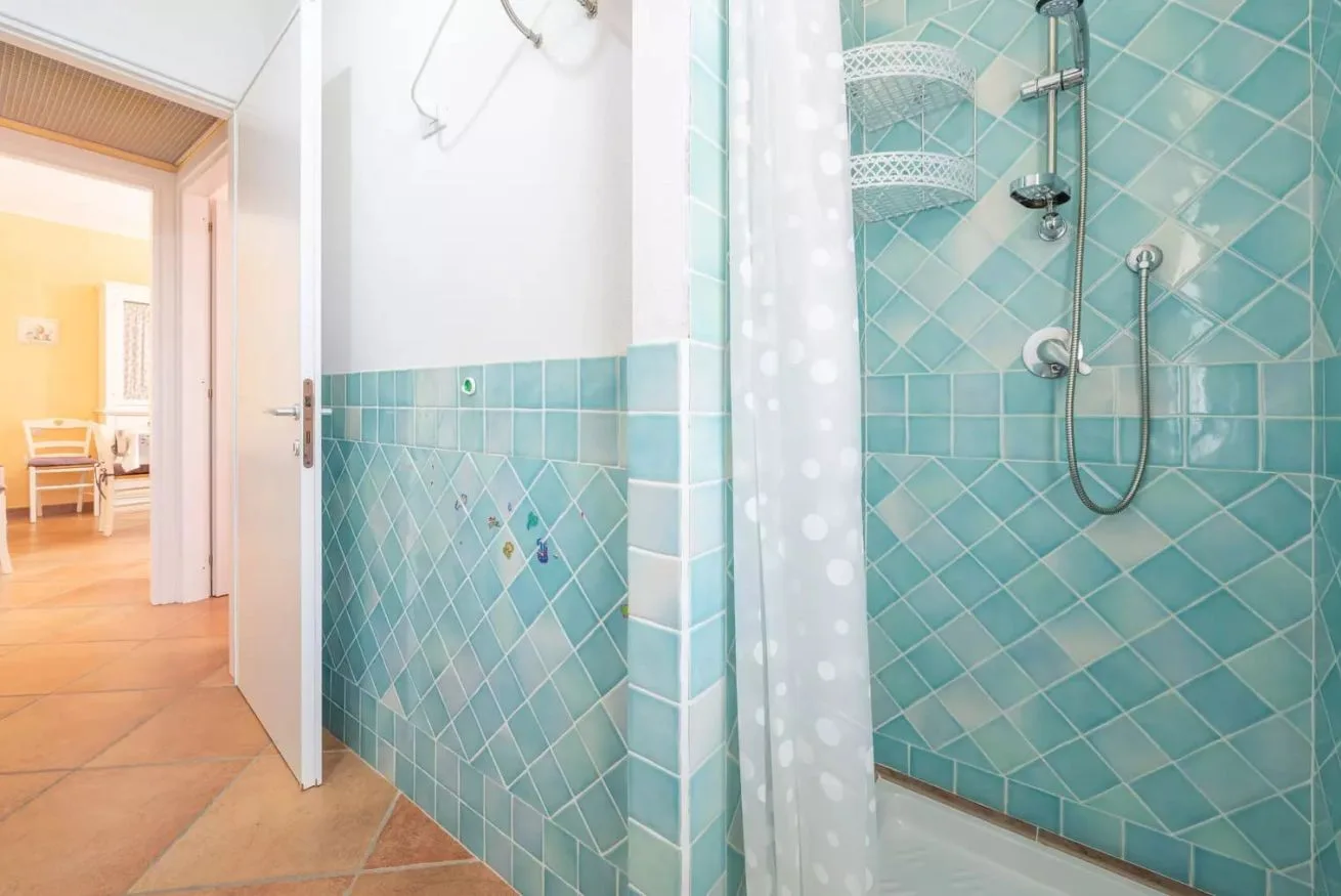 Una ducha de baño con azulejos y cortina translúcida junto a una puerta abierta.