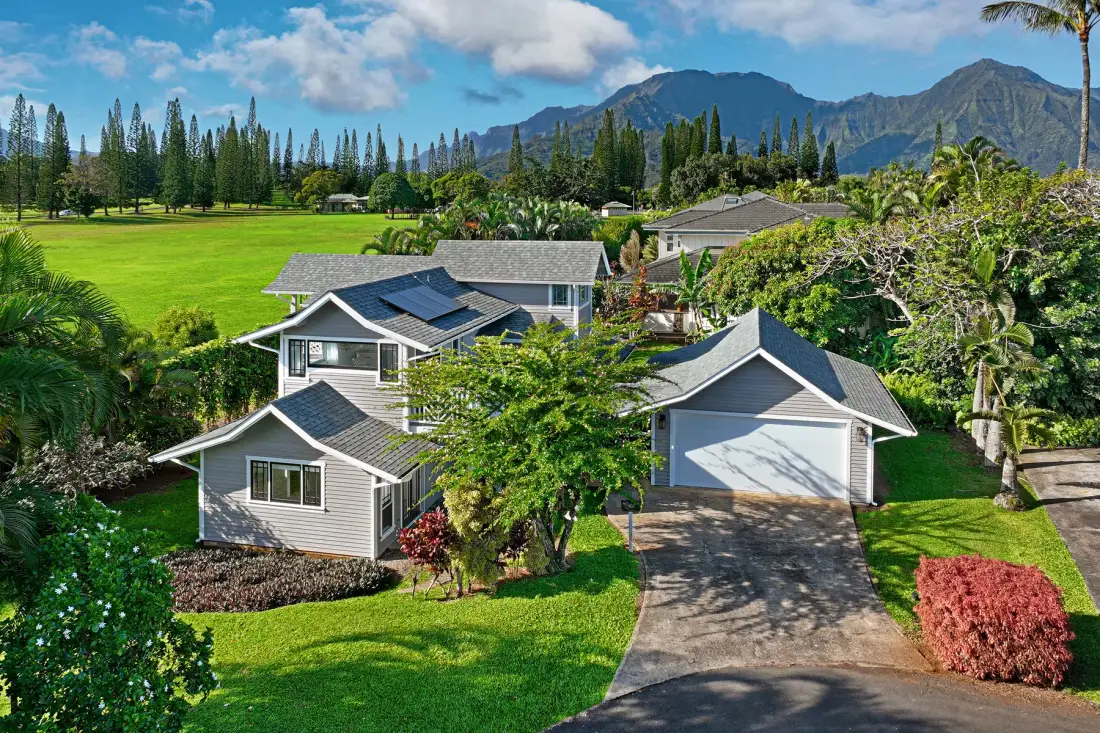 Aerial view of several houses among green lawns, trees, and distant mountains.