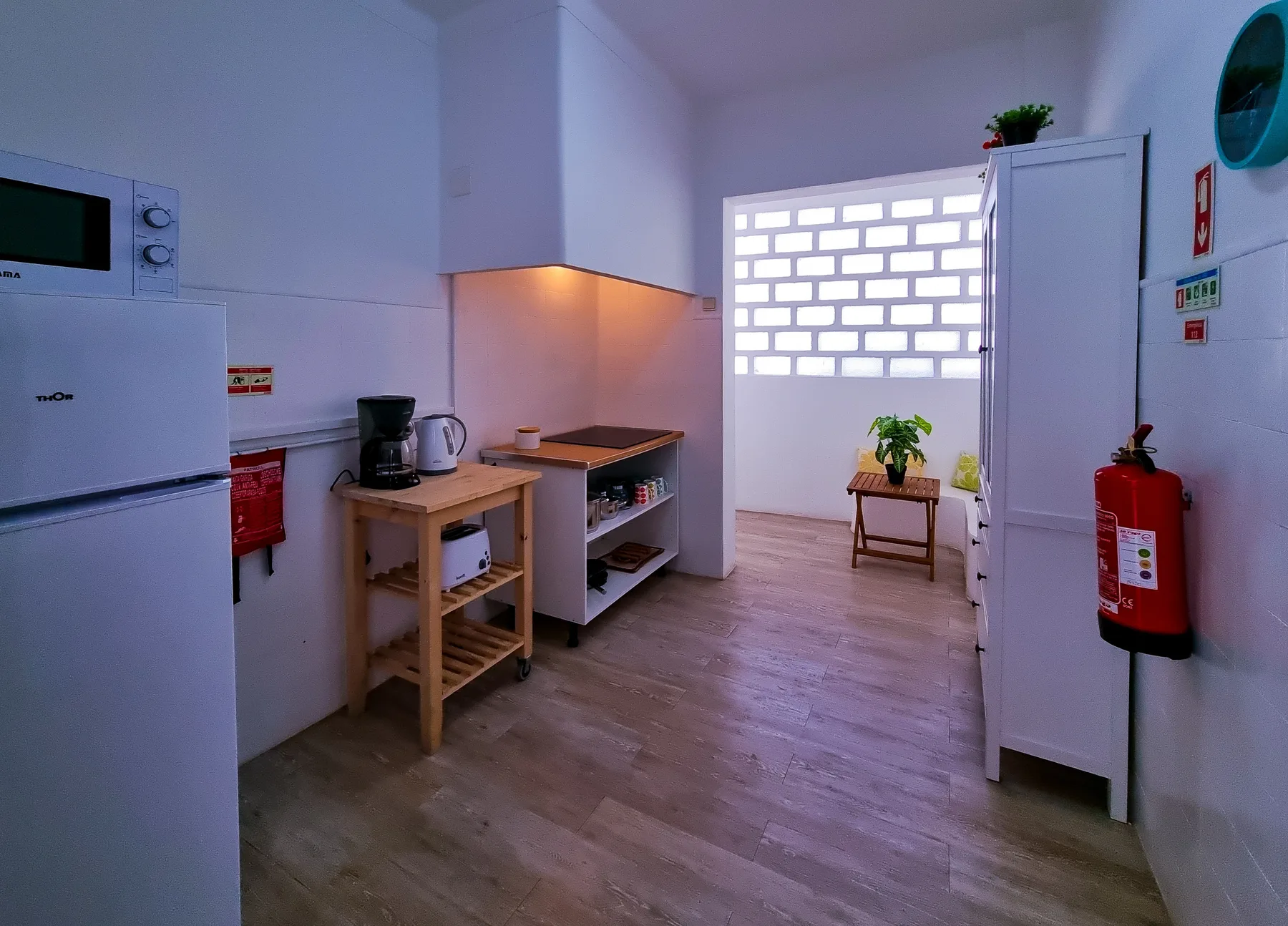 A compact kitchen opens onto a bright area with a small table and potted plants.
