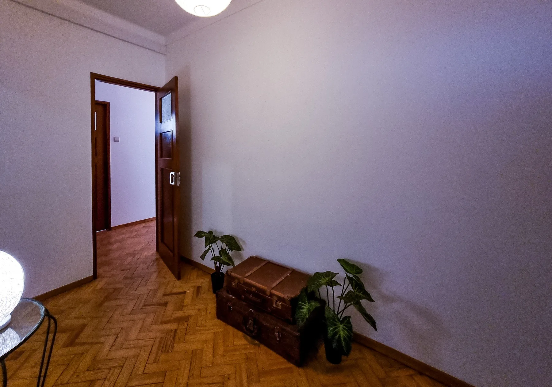 An interior hallway with a wooden floor, an open door, and potted plants.