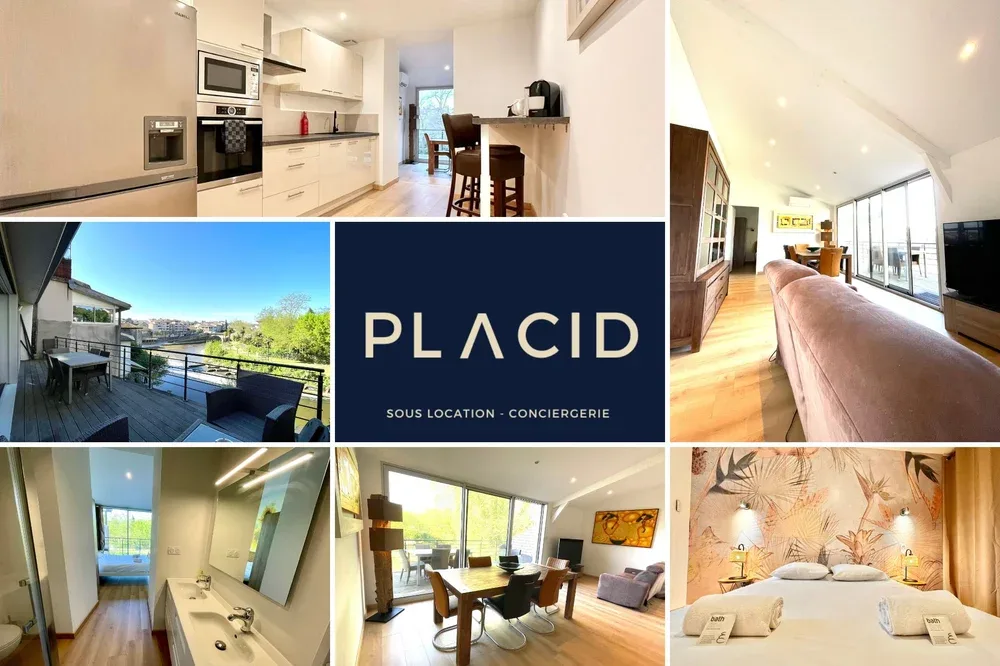 A collage of bright interior rooms shows a kitchen, living area, bathroom, and bedroom.