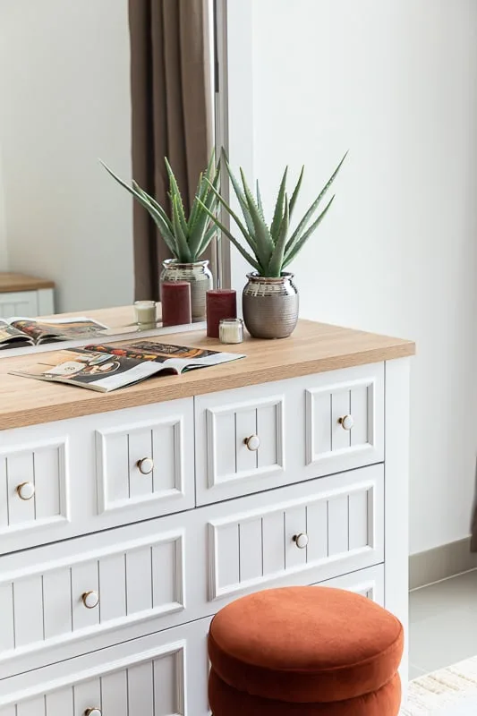 Una cómoda blanca con plantas en macetas y libros junto a una ventana.