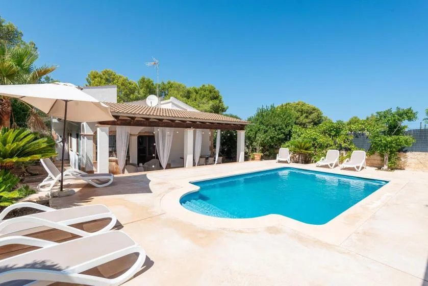 A swimming pool sits beside a patio with loungers and a single-story house.