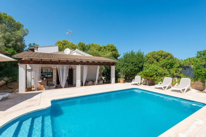 A swimming pool beside a covered patio with seating and surrounding greenery.