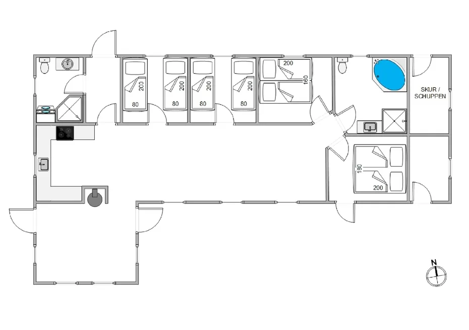 Un plano muestra varias zonas para dormir, un baño y un espacio común.