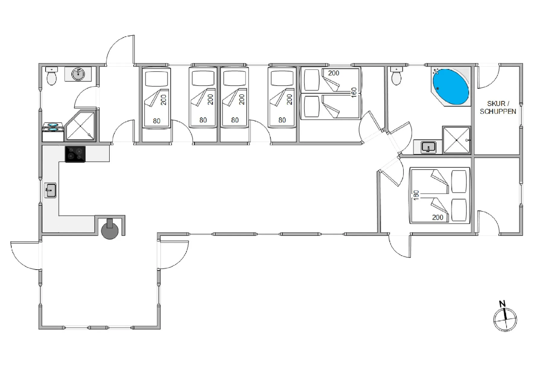Un plano muestra varias habitaciones, zonas para dormir y un baño.