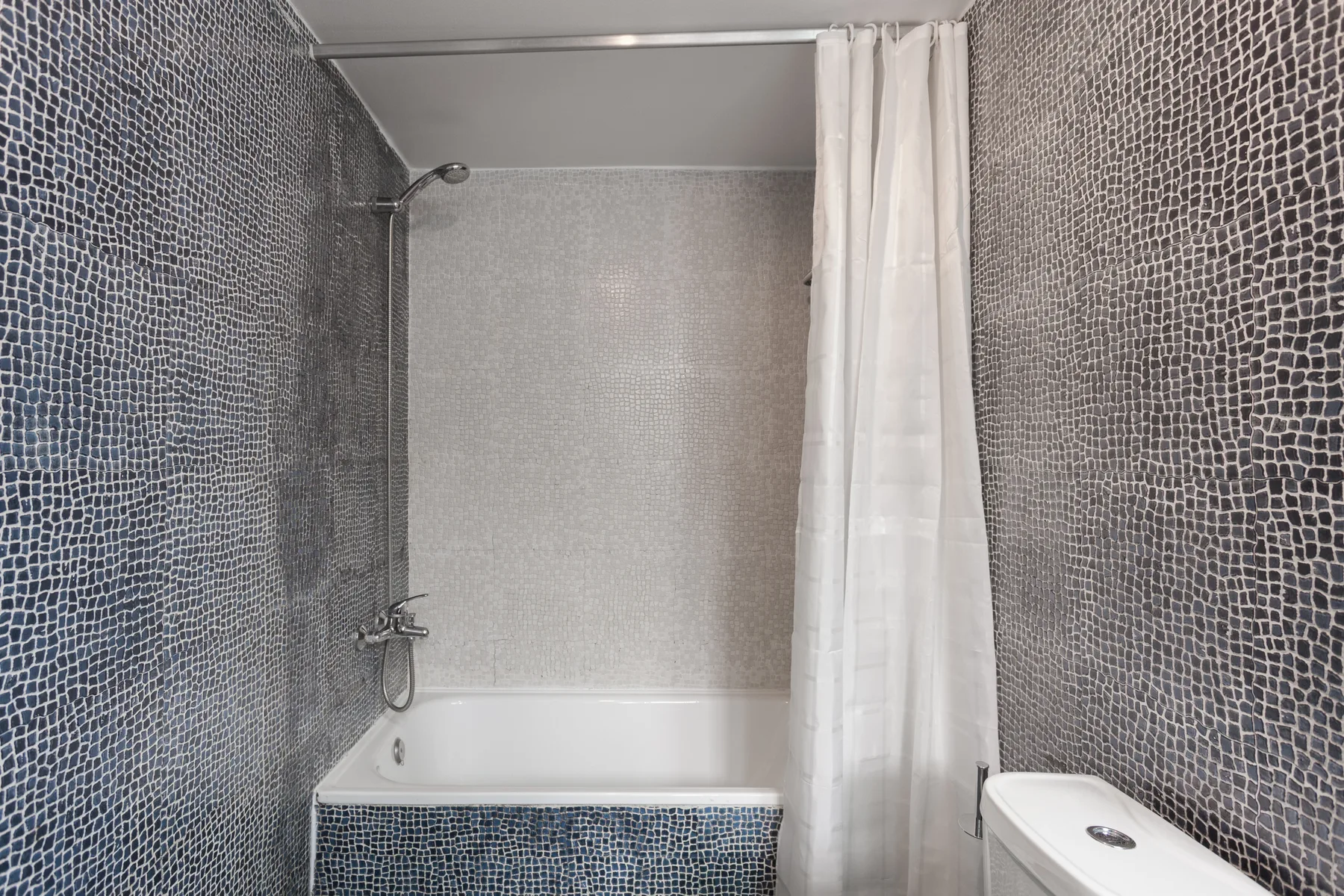 Un baño con ducha y bañera separadas del inodoro por una cortina.