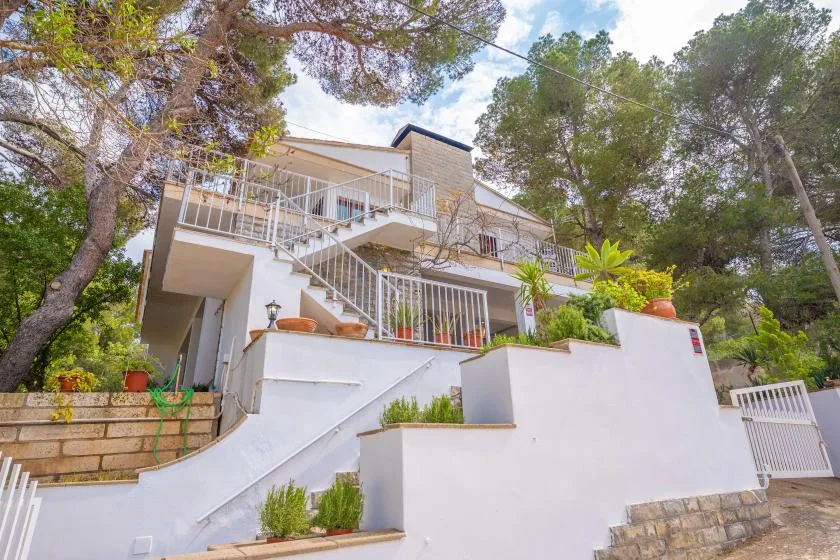 A multi-level house with exterior stairways and white terrace walls among tall trees.