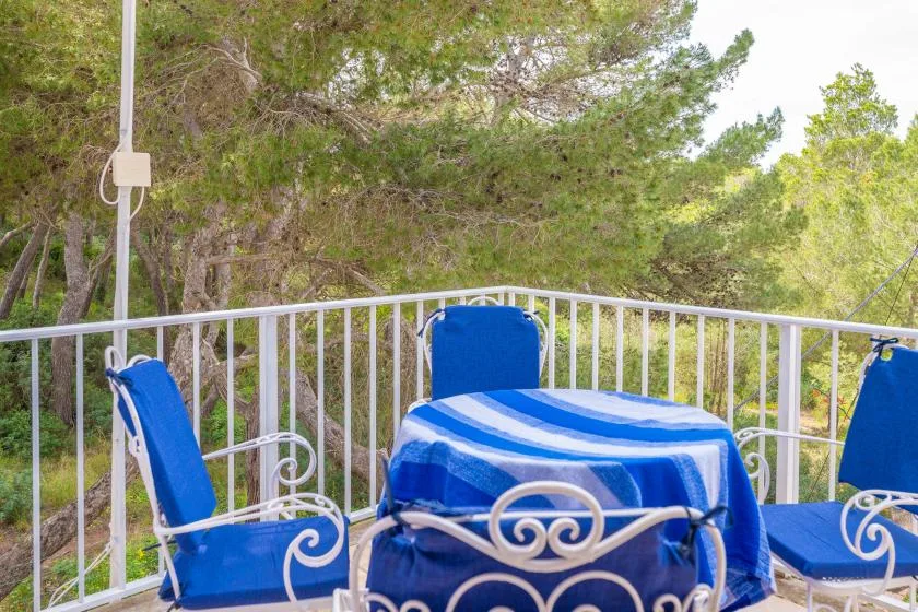 An outdoor seating area with blue chairs and a table beneath the trees.