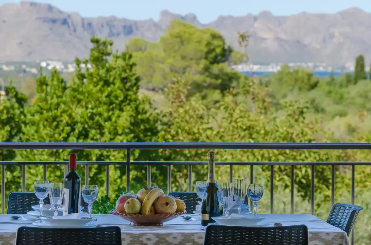 A dining table with place settings overlooks a green landscape and mountains.