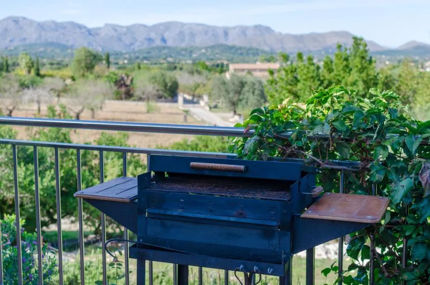 A black barbecue grill sits on a balcony beside leafy plants, overlooking a mountain landscape.