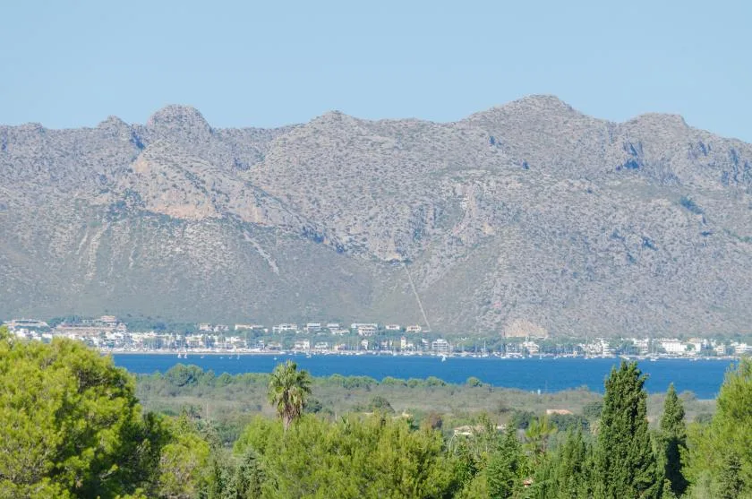 A mountain range rises beyond a blue bay and green trees.