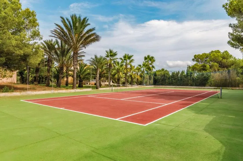 A red tennis court sits within a green outdoor playing area, with palm trees nearby.