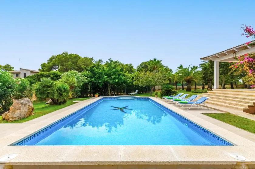 Una piscina rodeada de vegetación, con asientos junto a ella.