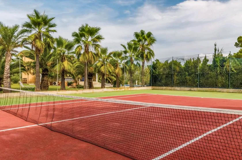 An outdoor tennis court with a net and palm trees in the background.