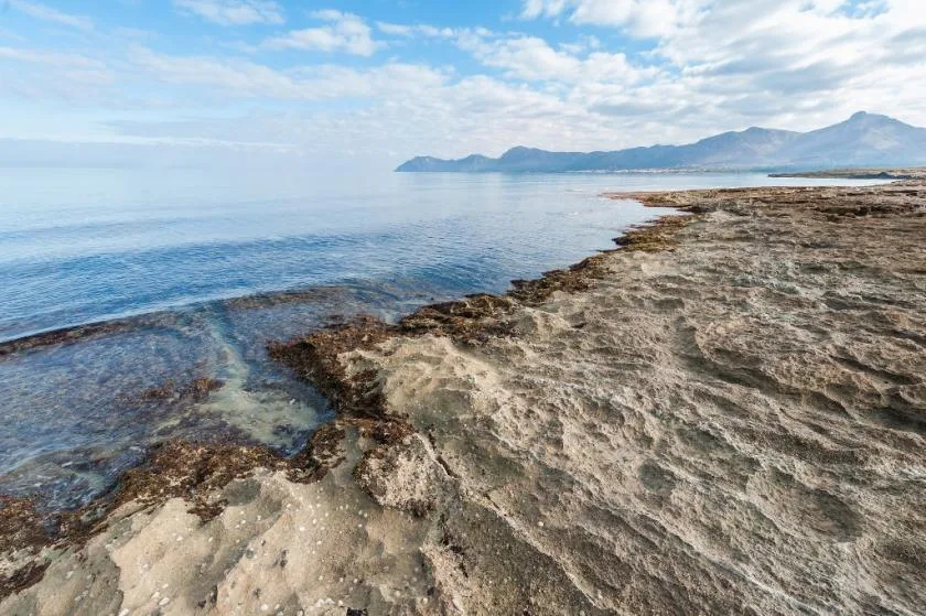 A rocky shoreline meets calm blue water beneath distant mountains.