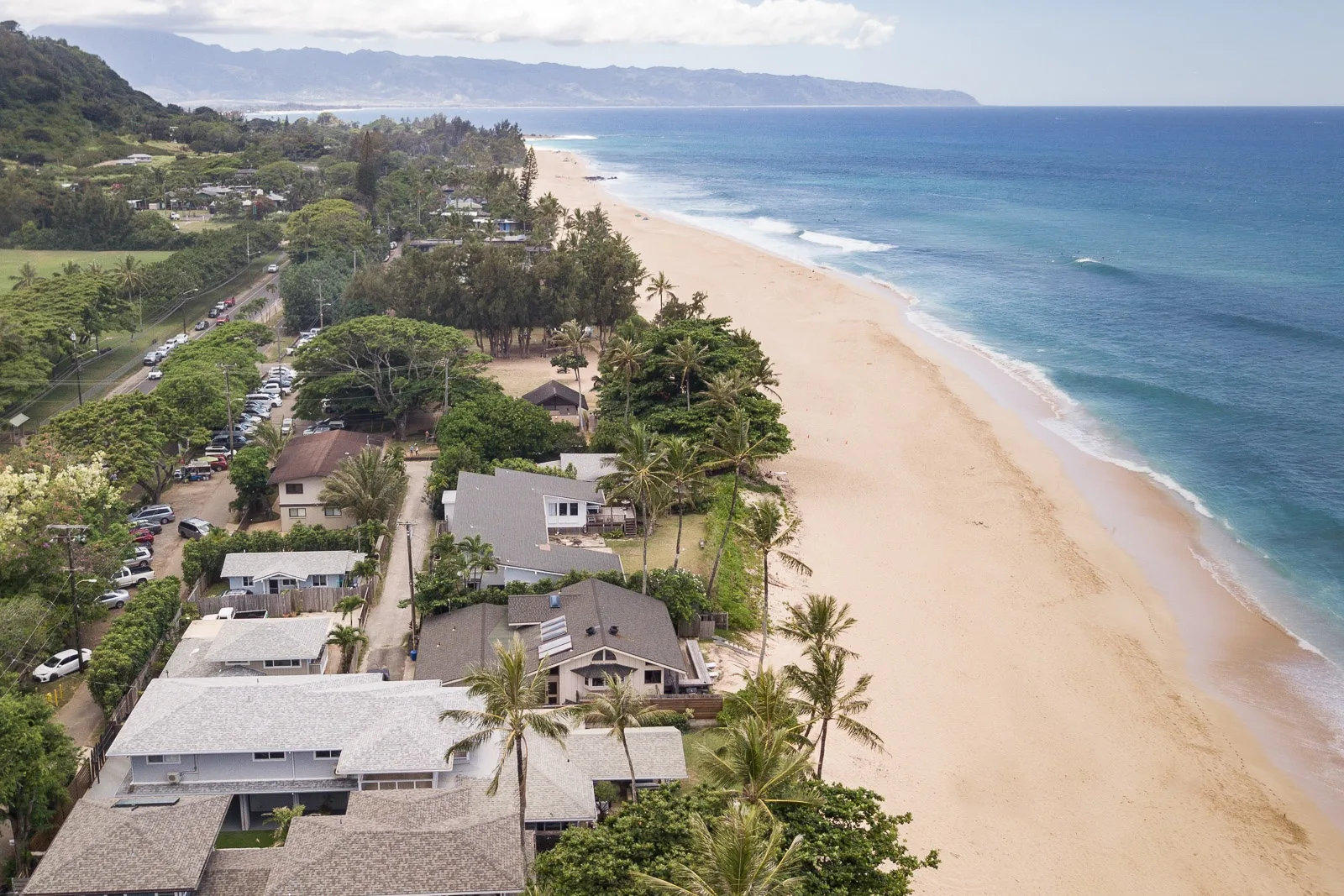 Vista aérea de una costa arenosa con edificios y palmeras.