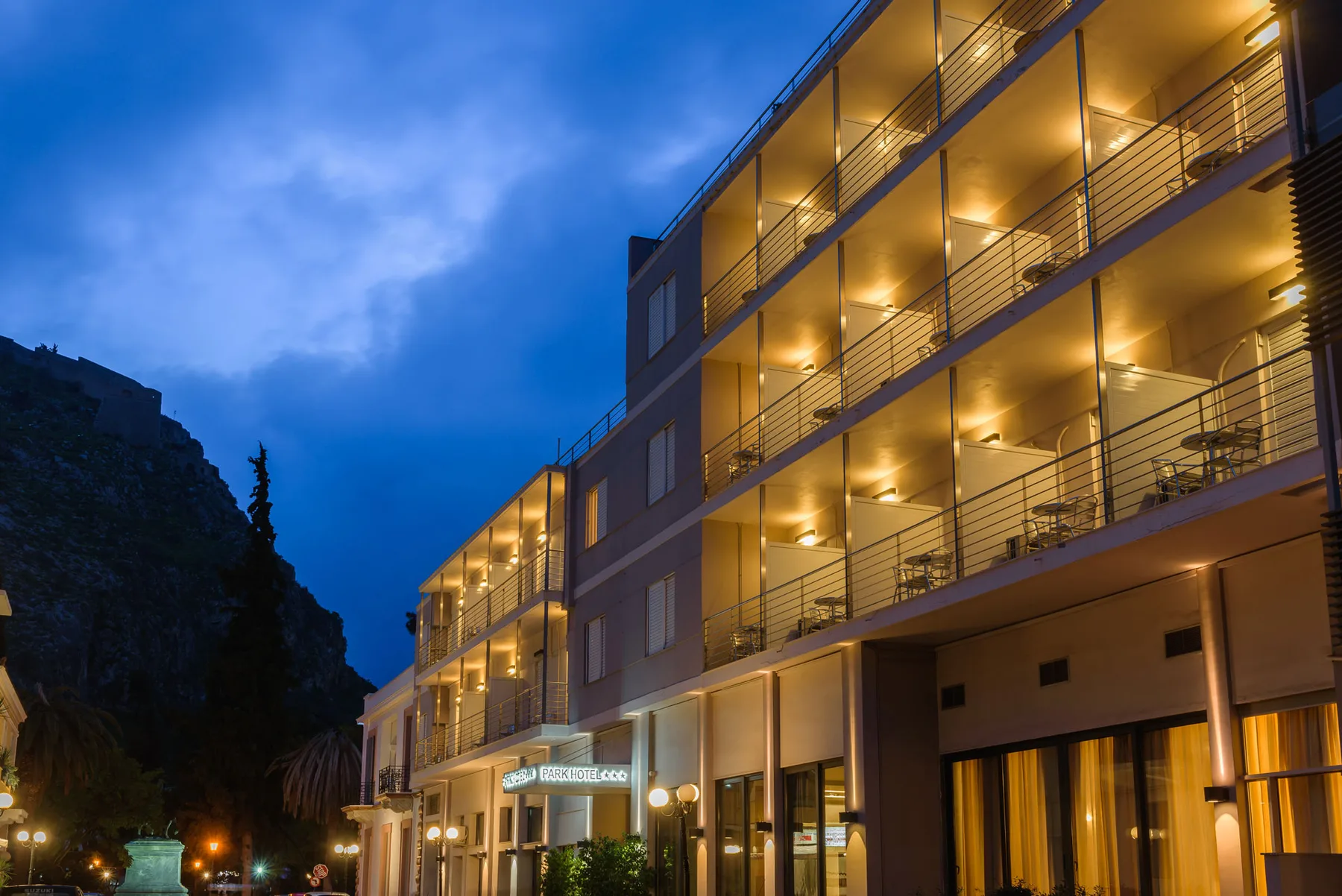 Hotel exterior at night