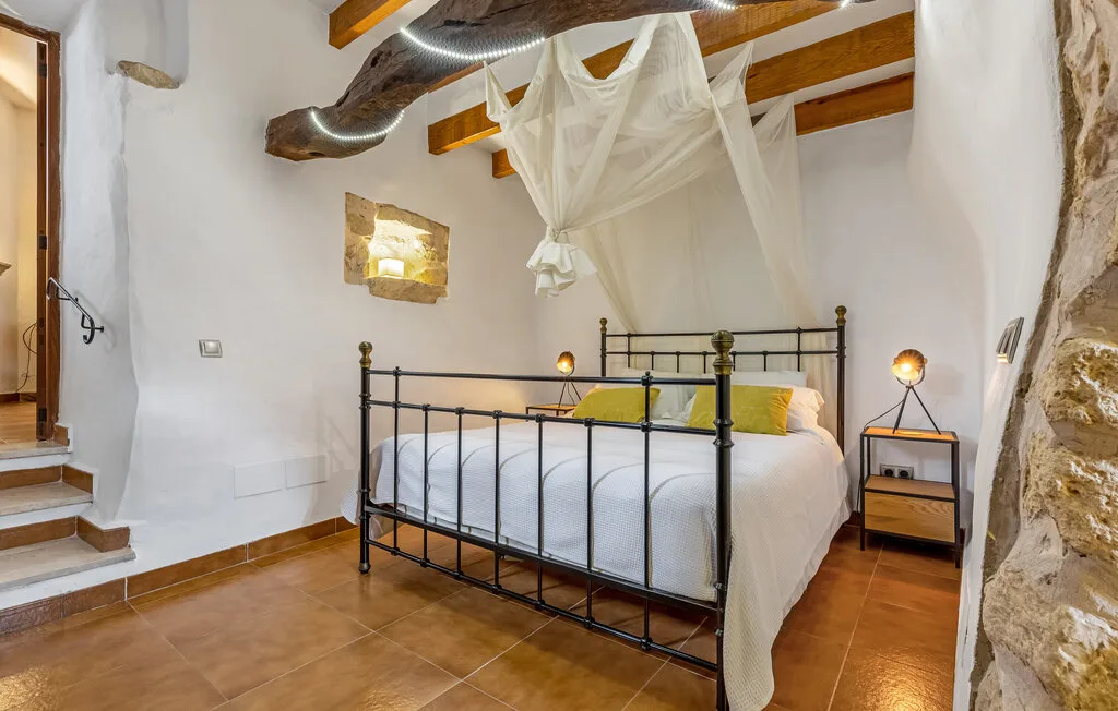 A bedroom with a black metal bed and a white canopy.