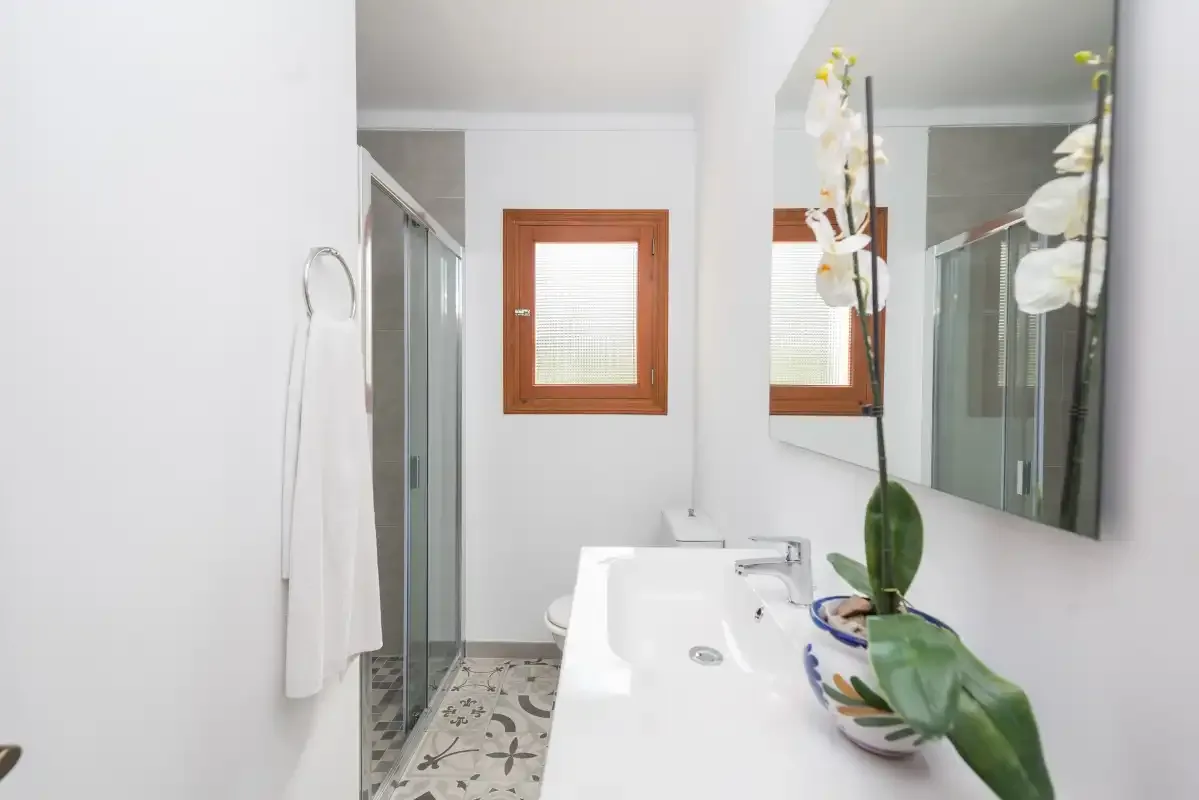 Un baño luminoso con una encimera larga con lavabo, un espejo y una ducha de cristal.