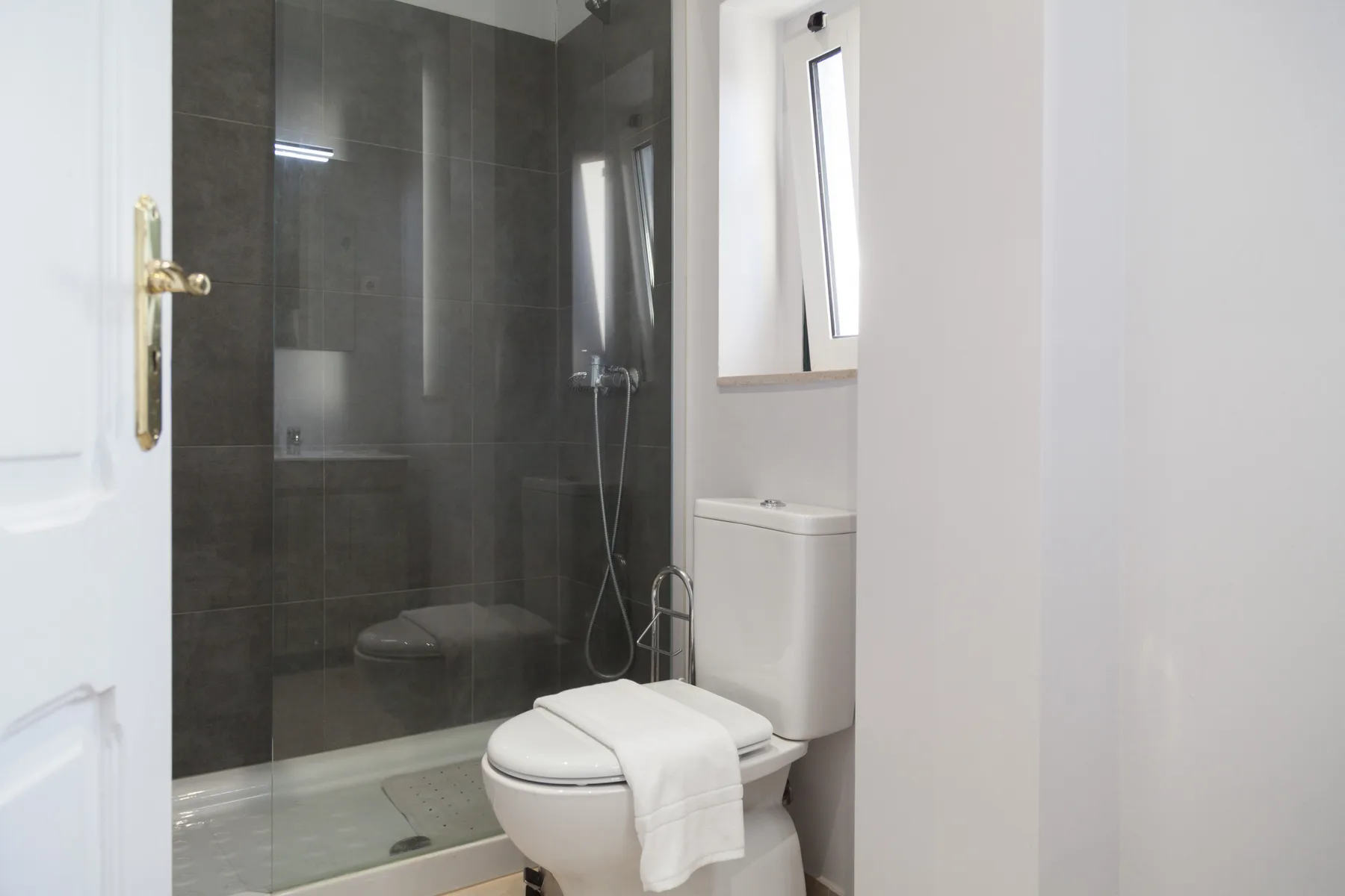 Un baño con ducha de vidrio y un inodoro.