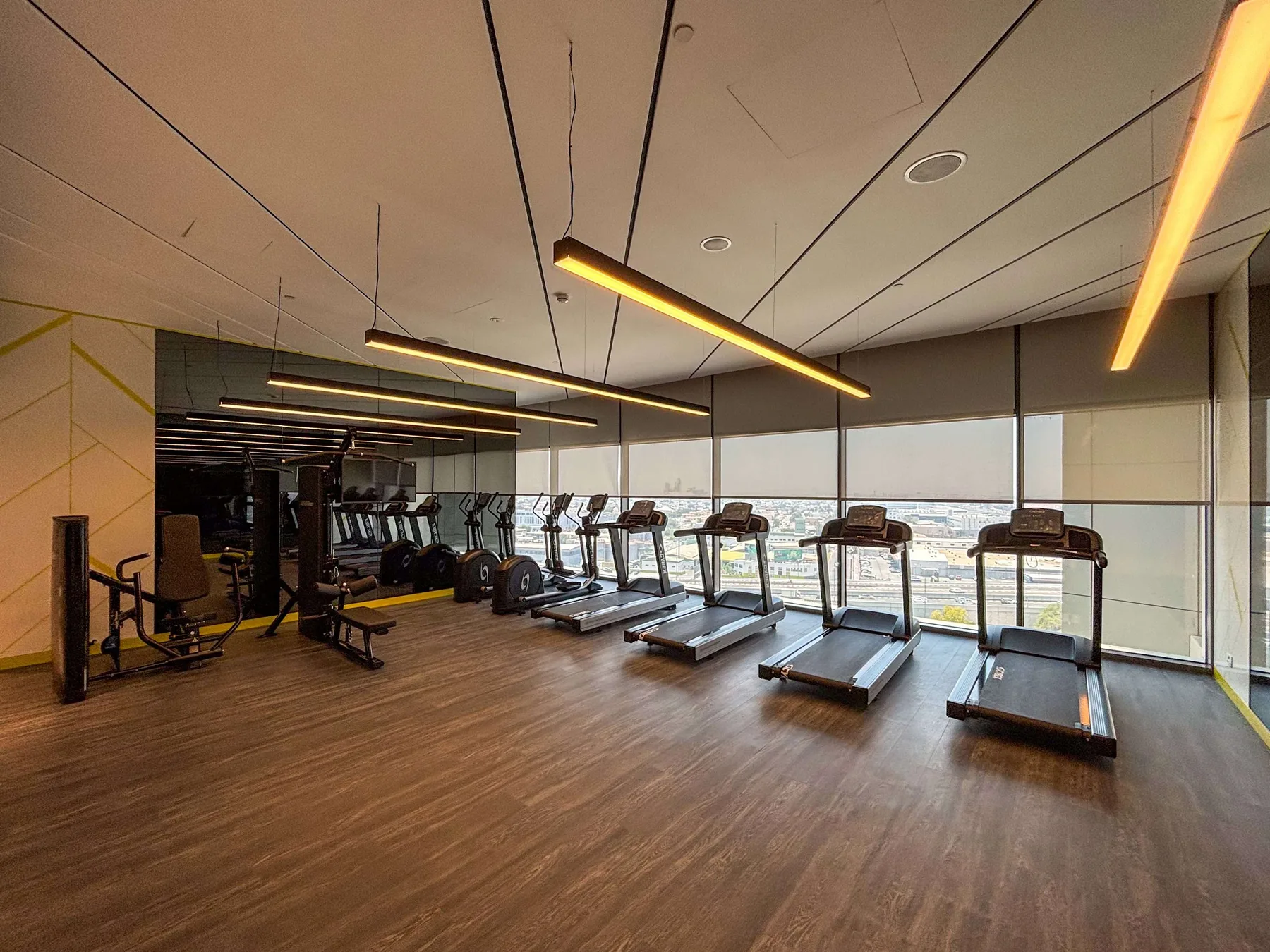 A gym with treadmills lined up beside large windows.