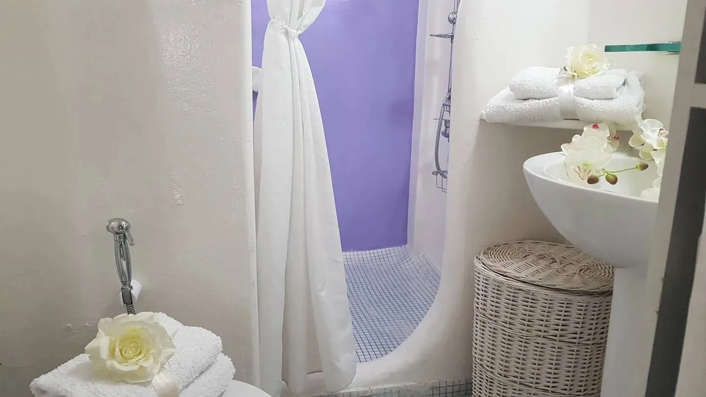 Un baño con una cortina de ducha morada y un lavabo sobre encimera.