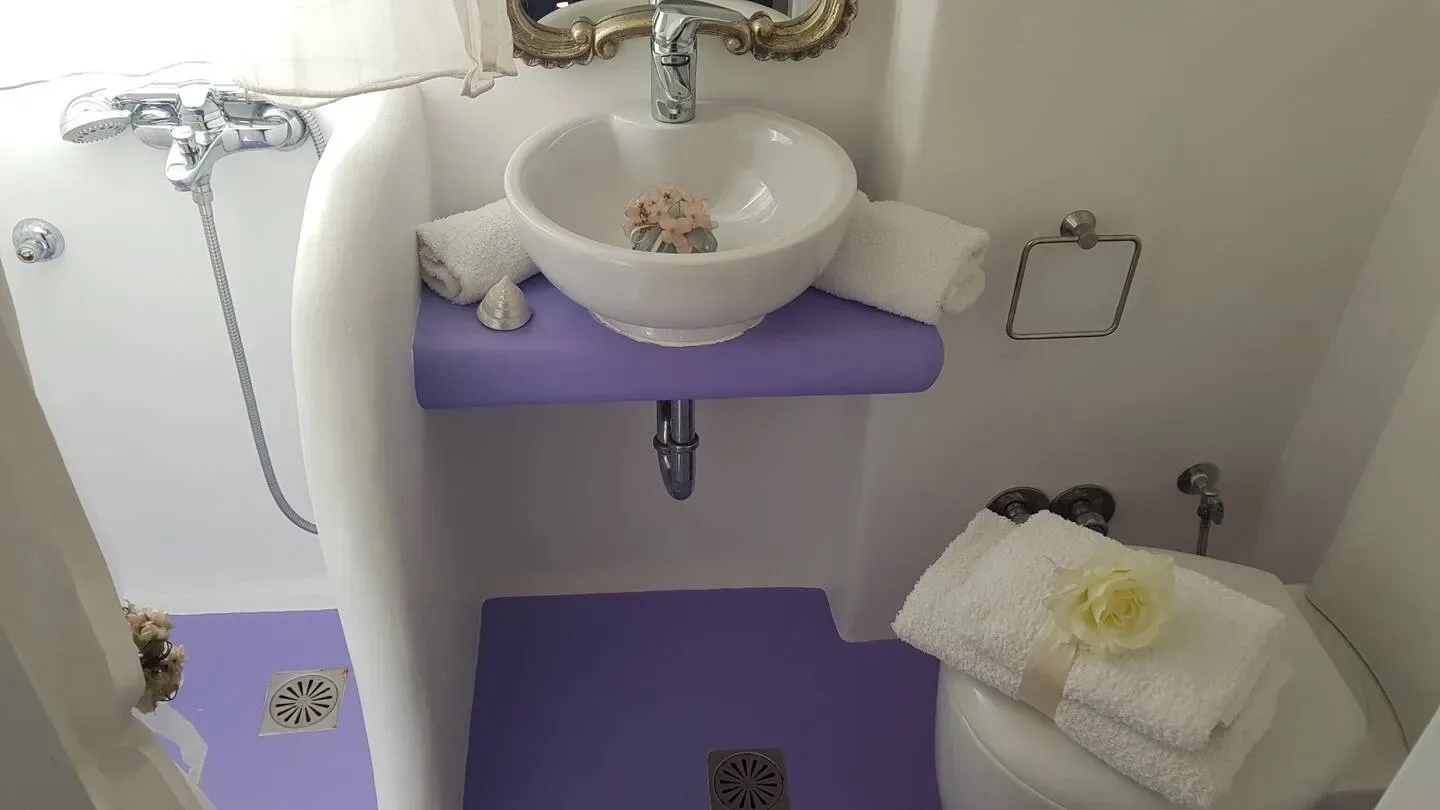 Un baño con lavabo de pared, ducha e inodoro.