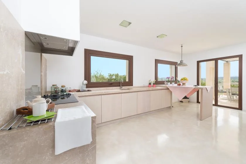 Una cocina luminosa con una encimera larga, una placa de cocción y ventanas hacia el exterior.