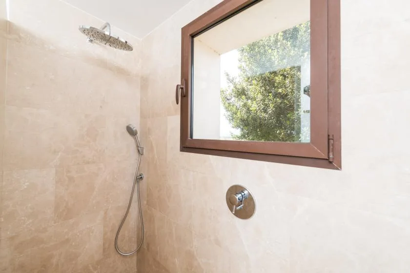 Una ducha de baño con azulejos y una ventana con vista a árboles frondosos.