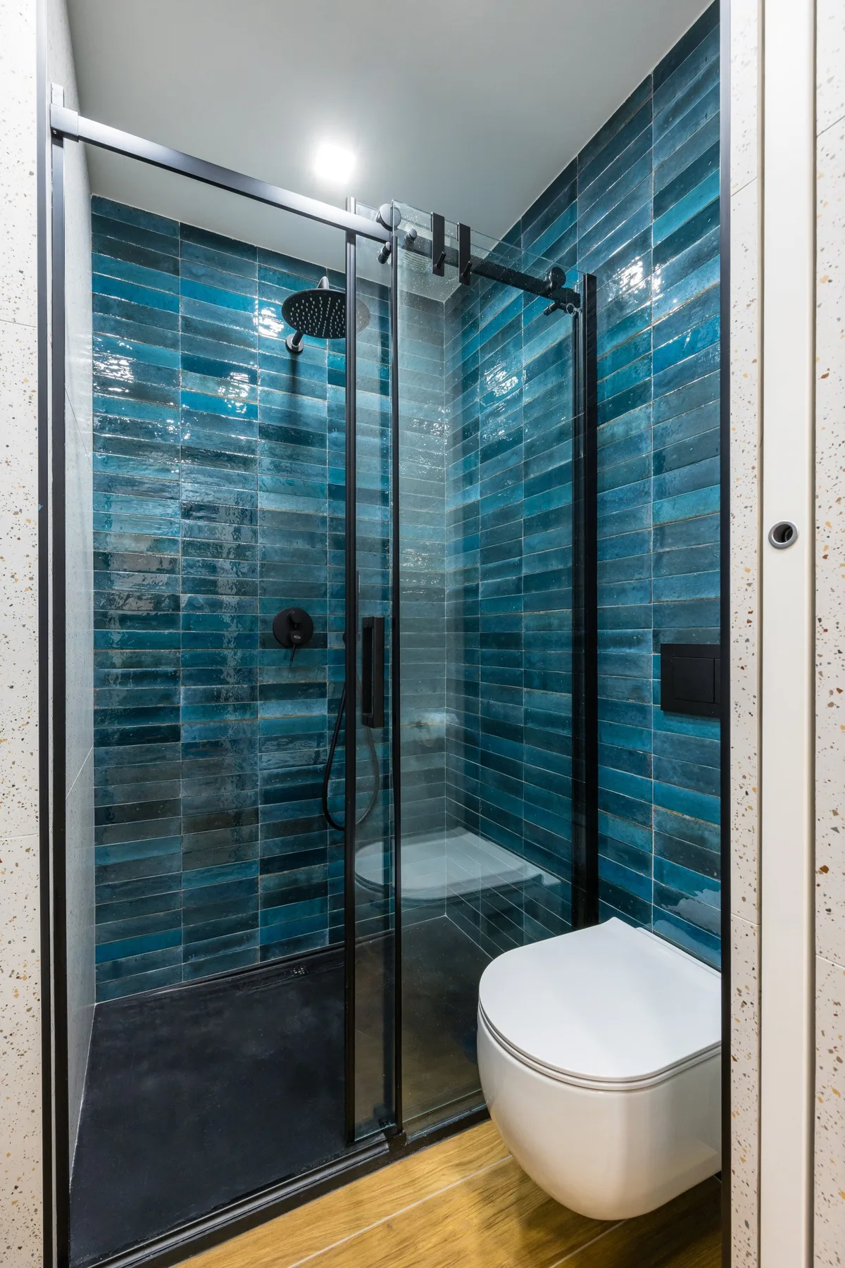 Un baño con una ducha de vidrio y un inodoro suspendido.