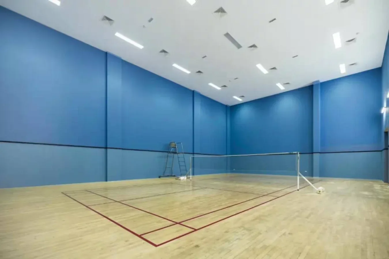 Una cancha deportiva interior con paredes azules y líneas marcadas en el suelo.