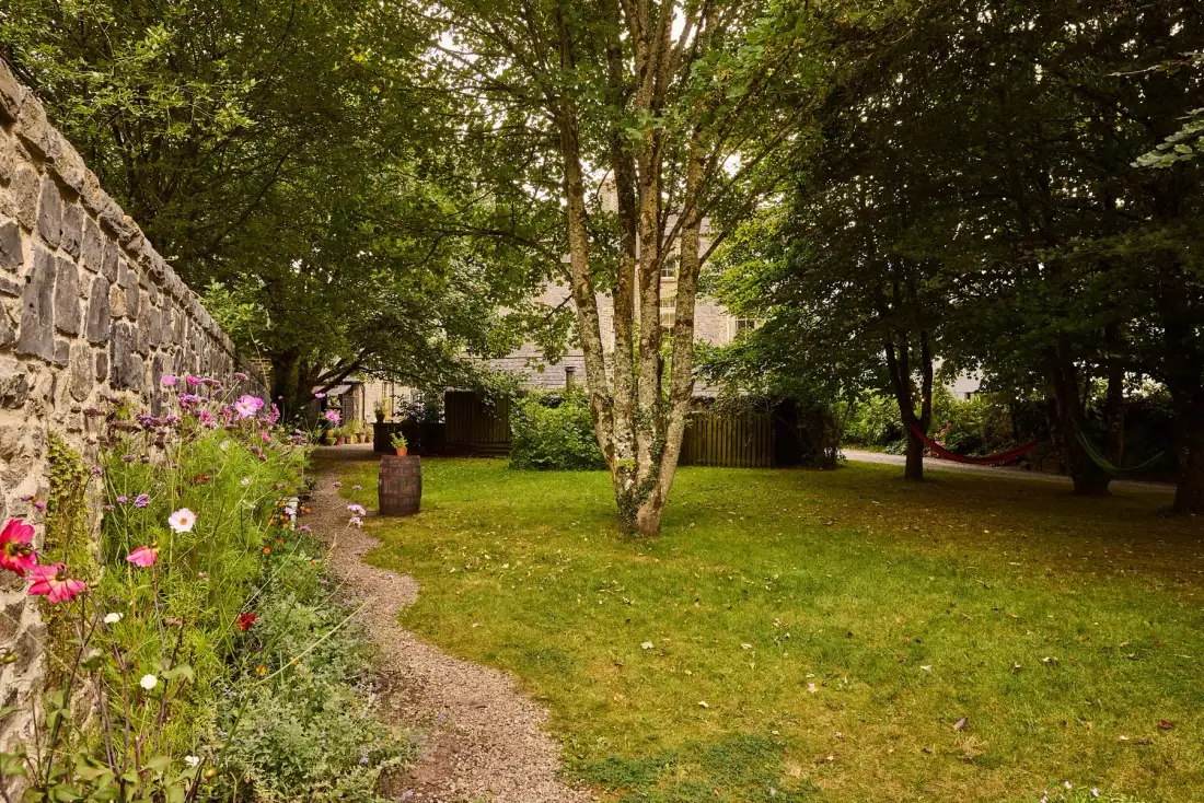 Garden with a gravel path, trees, flowers and a hammock.