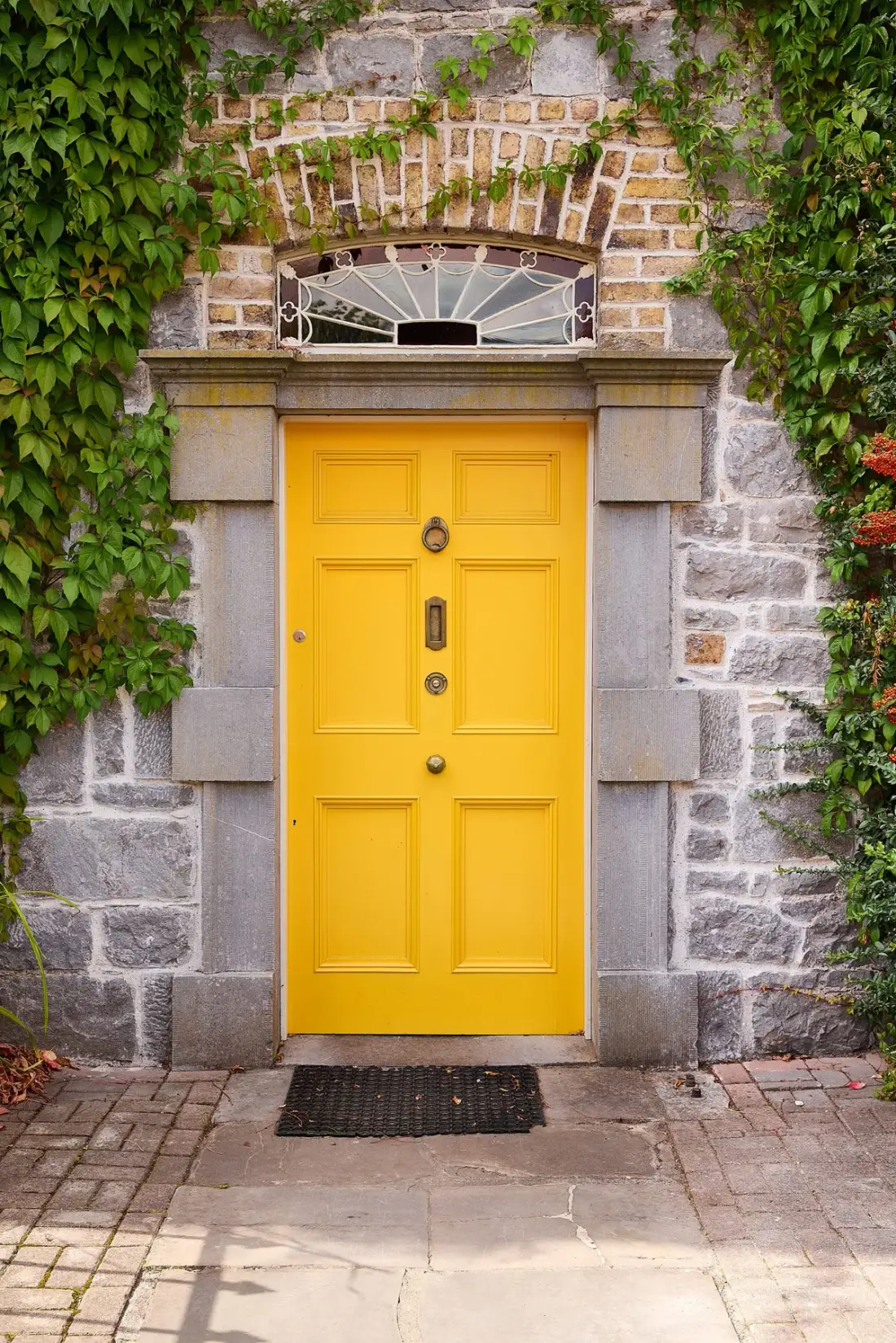 Preston House entrance with a yellow door set in a grey stone wall and framed by ivy.