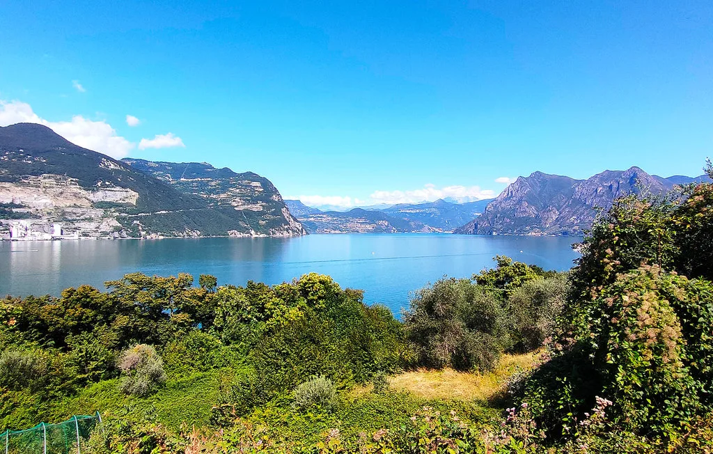 A lake stretches between mountains, with green vegetation in the foreground.