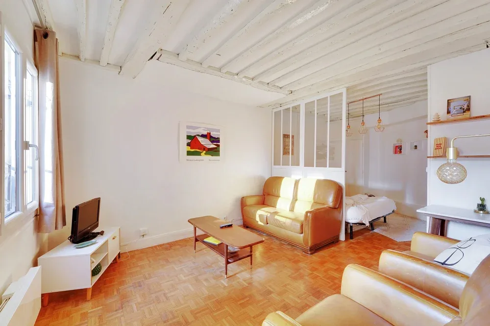 A bright living area with seating, a television, and a bed visible beyond a partition.
