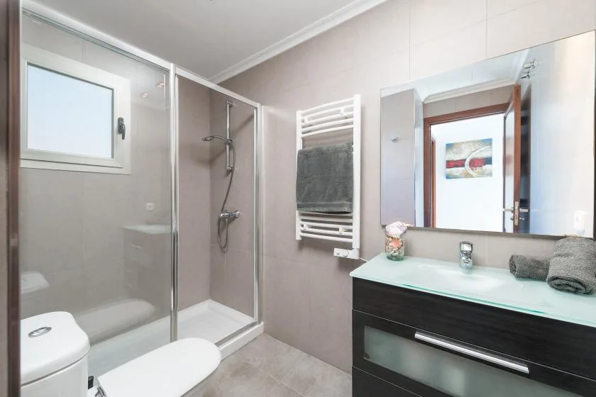 A modern bathroom with a glass shower and a vanity with a large mirror.