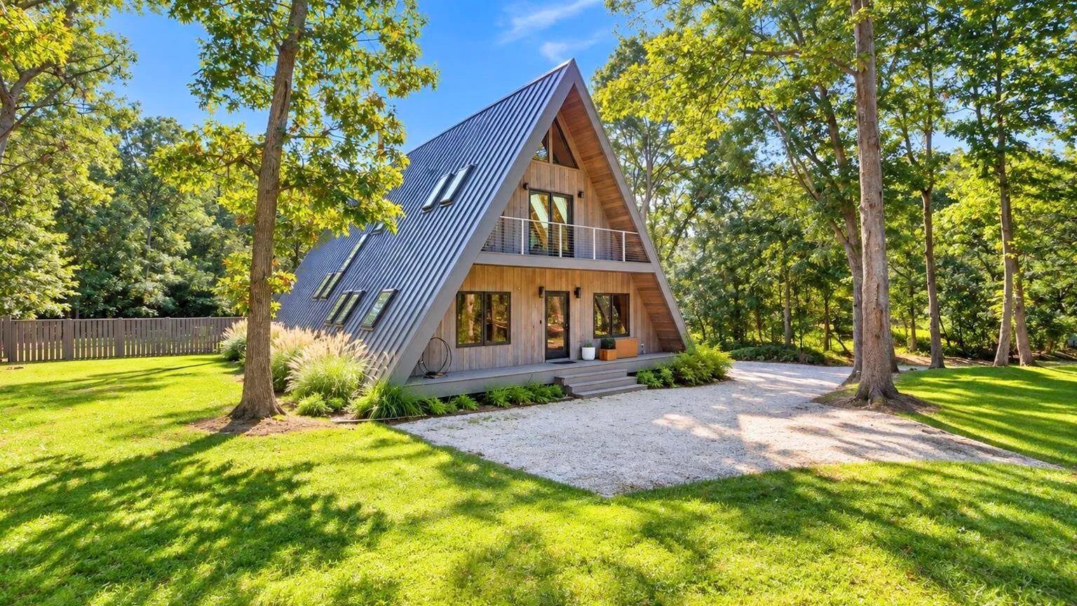 A-frame house surrounded by trees, with a gravel driveway and green lawn.