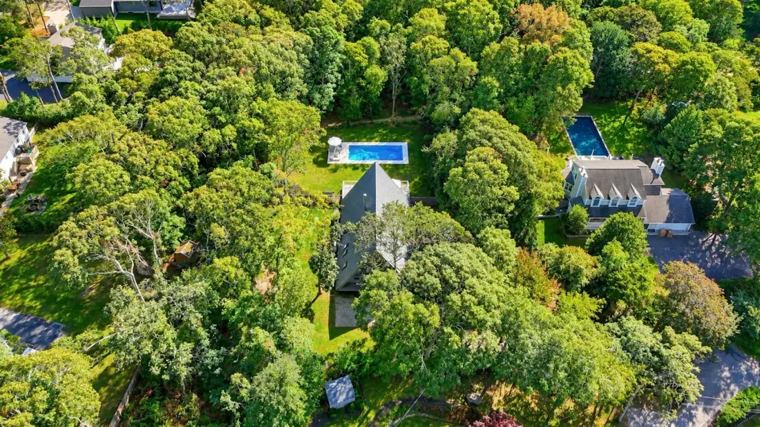 An aerial view of houses and swimming pools surrounded by dense trees.