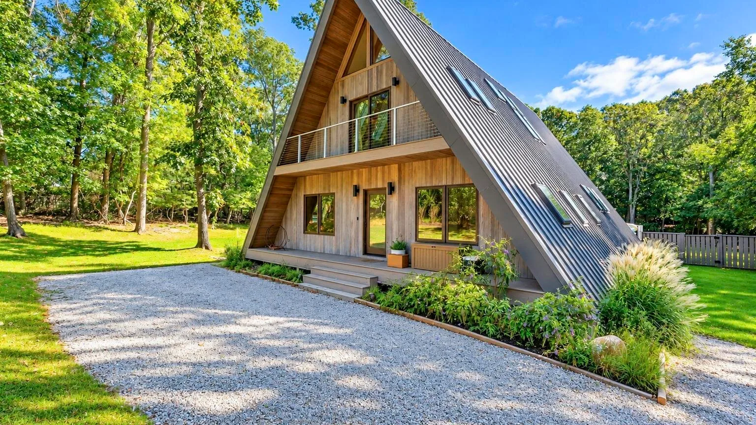 A-frame house with a gravel driveway and trees surrounding it.