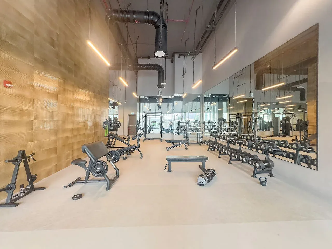 Un gimnasio con bancos de pesas y equipo de ejercicio junto a paredes con espejos.