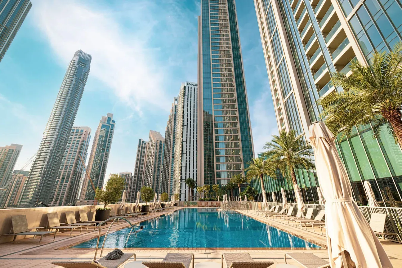 Una piscina en la azotea está rodeada de edificios altos y palmeras.