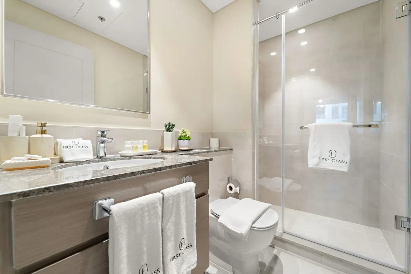Un lavabo de baño con lavamanos y una ducha con mampara de vidrio.