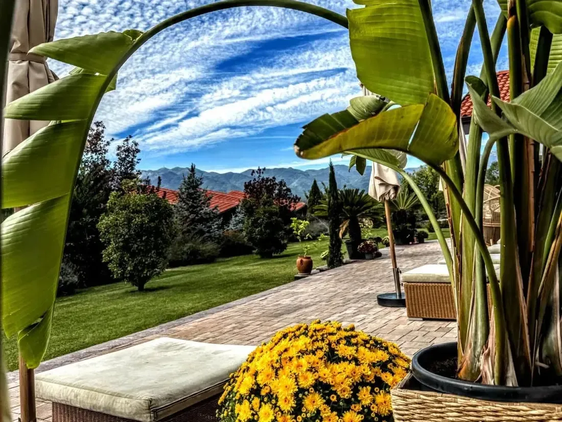 La terraza con crisantemos y vistas a los montes Ródope