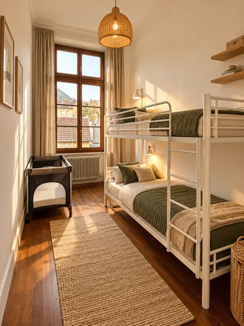 Dormitorio con literas y suelo de parqué.