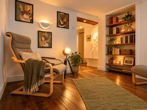 Sala de estar con muebles de madera, obras de arte y estanterías con libros.