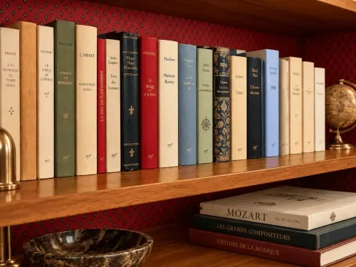 Estanterías con libros de literatura francesa en una suite.